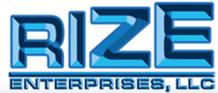 A blue and white logo for rize enterprises